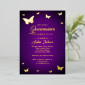 GOLD FOIL Paars Butterfly Quinceanera Folie Uitnodiging (Staand Voorkant)