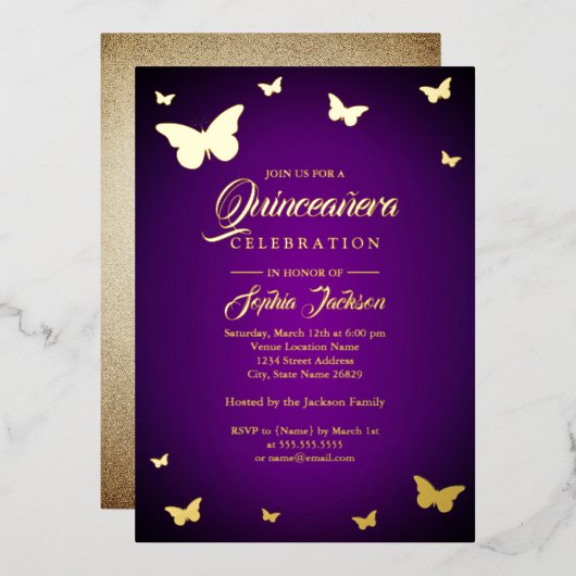 GOLD FOIL Paars Butterfly Quinceanera Folie Uitnodiging (Voorkant / Achterkant)