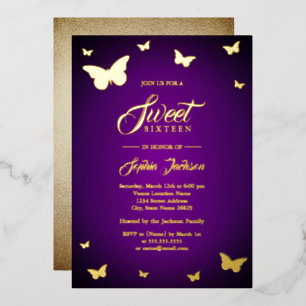 GOLD FOIL Paarse Butterfly Sweet 16 Golden Folie Uitnodiging