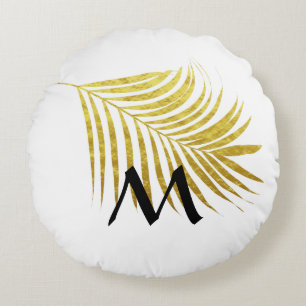 Gold Foil Palm Leaf Tropical Monogrammed Initialen Rond Kussen