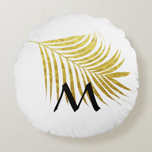 Gold Foil Palm Leaf Tropical Monogrammed Initialen Rond Kussen (Voorkant)