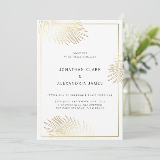 Gold Foil Palm Leaf Wedding Invitation Kaart (Staand voorkant)