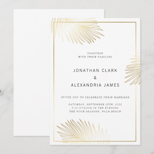 Gold Foil Palm Leaf Wedding Invitation Kaart (Voorkant / Achterkant)