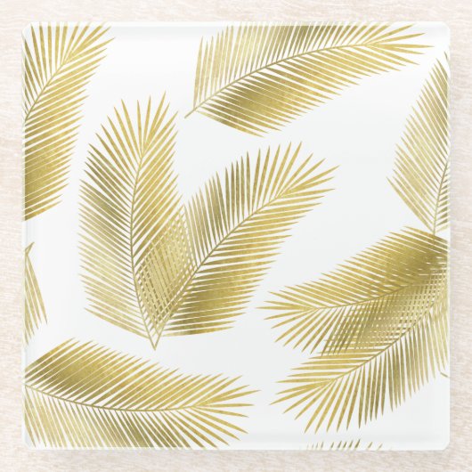 Gold Foil Palm Leaves Pattern Glazen Onderzetter (Voorkant)