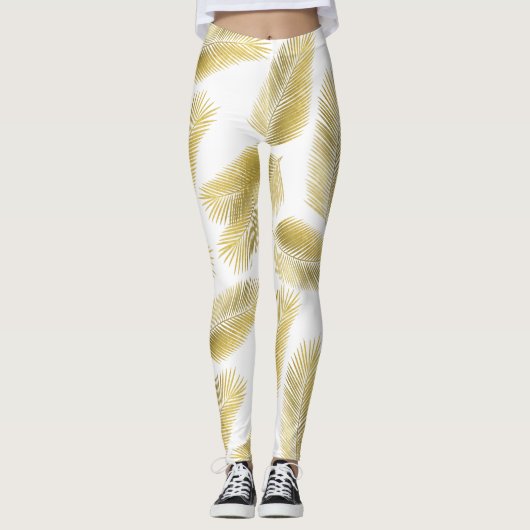 Gold Foil Palm Leaves Pattern Leggings (Voorkant)