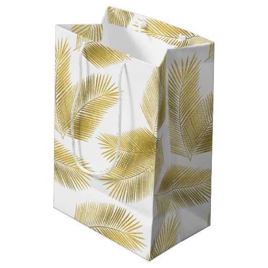 Gold Foil Palm Leaves Pattern Medium Cadeauzakje (Achterkant Gekanteld)