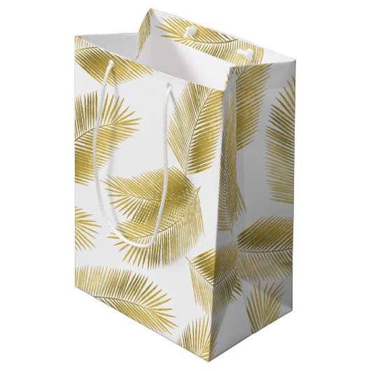 Gold Foil Palm Leaves Pattern Medium Cadeauzakje (Voorkant Gekanteld)