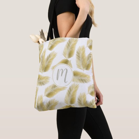 Gold Foil Palm Leaves Pattern & Monogram Tote Bag (Dichtbij)
