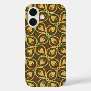 Gold Foil Peacock Feathers Red Green iPhone 16 Hoesje