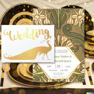 Gold Foil Peacock Typografie Wedding Invitations Folie Kaarten