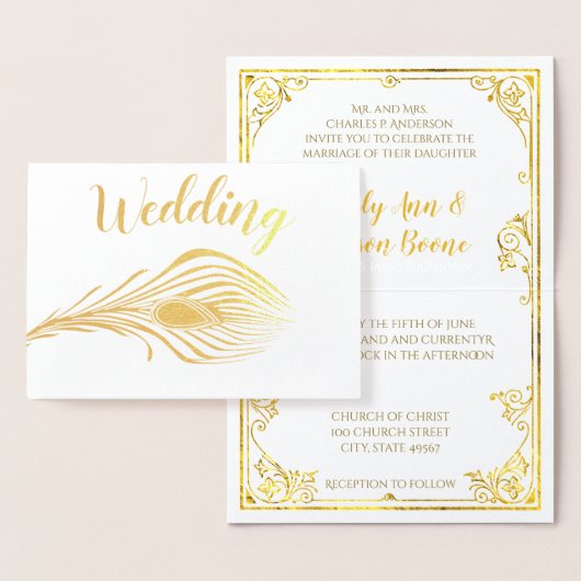 Gold Foil Peacock Typografie Wedding Invitations Folie Kaarten (Display)
