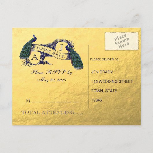 Gold Foil Peacock Wedding RSVP Briefkaart 2 (Achterkant)