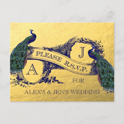 Gold Foil Peacock Wedding RSVP Briefkaart 2 (Voorkant)