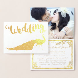Gold Foil Peacock Your Photo Wedding Invitations Folie Kaarten