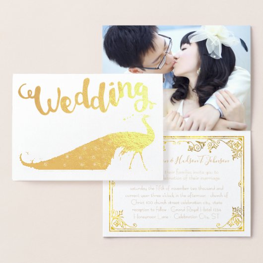 Gold Foil Peacock Your Photo Wedding Invitations Folie Kaarten (Display)