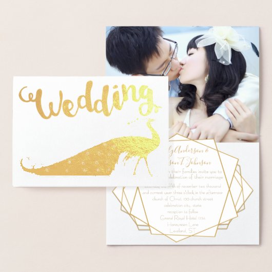Gold Foil Peacock Your Photo Wedding Invitations Folie Kaarten (Display)