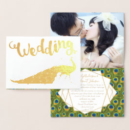 Gold Foil Peacock Your Photo Wedding Invitations Folie Kaarten