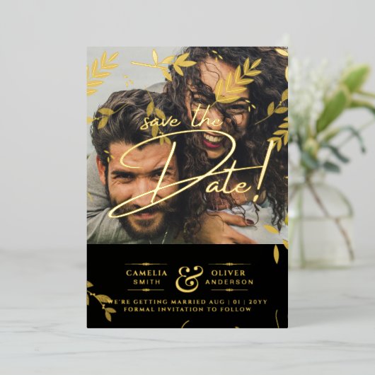 Gold Foil Photo Overlay Leaves Weduwen Save Date Folie Uitnodiging (Staand Voorkant)
