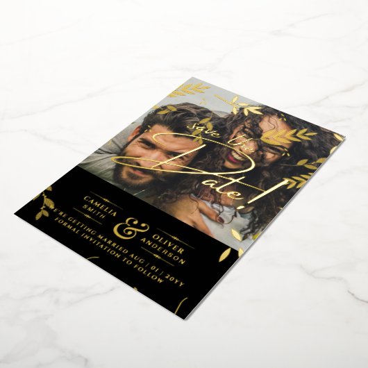 Gold Foil Photo Overlay Leaves Weduwen Save Date Folie Uitnodiging (Gedraaid)