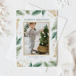 Gold Foil Pine Needles Foto Seizoensgroeten Feestdagenkaart<br><div class="desc">Groeten van het seizoen! Stuur uw warmste Season's Greetings met onze aanpasbare foto briefkaart,  met een prachtig groen waterverf ontwerp en faux gouden folie dennennaalden. Personaliseer dit fraaie briefkaart met uw favoriete foto en bericht aan creëer een stijlvolle en gedenkwaardige vakantiekaart voor vrienden en familie.</div>