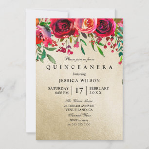Gold Foil Pink & Red Rose Quinceanera Uitnodiging