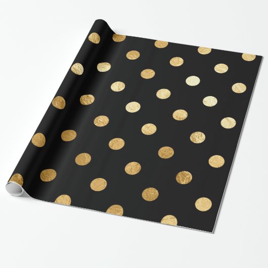 Gold Foil Polka Dots Pattern Wrapping Paper Black Cadeaupapier (Uitgerold)