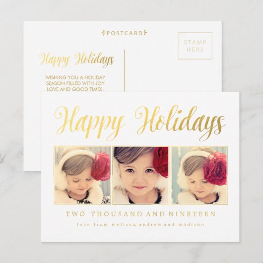 Gold Foil Prettige feestdagen Xmas Foto Lijst Brie Briefkaart (Voorkant / Achterkant)
