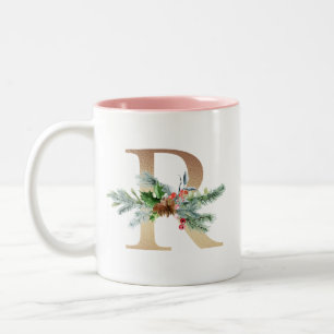 Gold Foil R Monogram Pine & Berry Kerstmis Tweekleurige Koffiemok