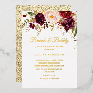 GOLD FOIL Red Burgundy Floral Brunch en brabbel Folie Uitnodiging