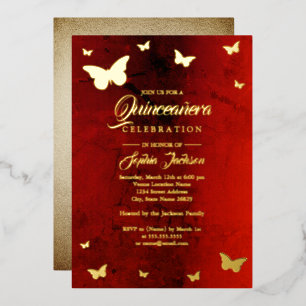 GOLD FOIL Red Butterfly Quinceanera Folie Uitnodiging