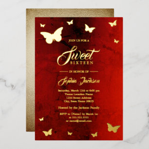 GOLD FOIL Red Butterfly Sweet 16 Party Folie Uitnodiging