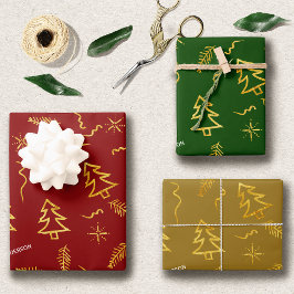 Gold Foil Red Green kerstboompatroonfeestdag Inpakpapier Vel