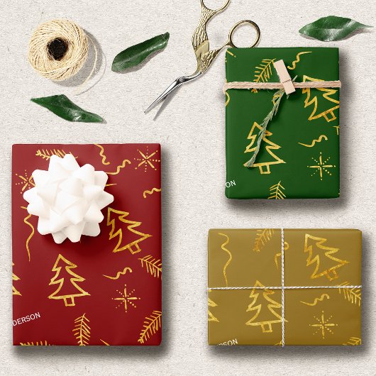 Gold Foil Red Green kerstboompatroonfeestdag Inpakpapier Vel