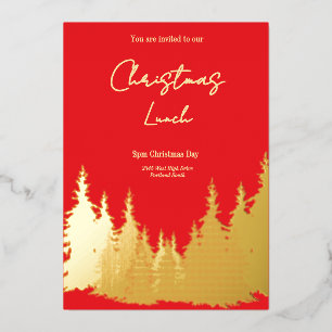 Gold Foil Red Pine Tree Kerstlunch Folie Uitnodiging