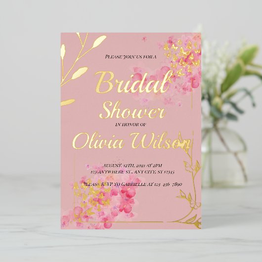 Gold foil roze bruin doucheuitnodiging folie uitnodiging (Staand Voorkant)