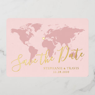 Gold Foil Roze Wereldkaart Destination Save the Da Folie Uitnodiging