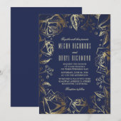 Gold Foil Rozen en Baby's Breath Navy Wedding Kaart (Voorkant / Achterkant)