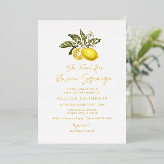 Gold Foil Rustic Citrus Lemon Vrijgezellenfeest Folie Uitnodiging (Staand Voorkant)