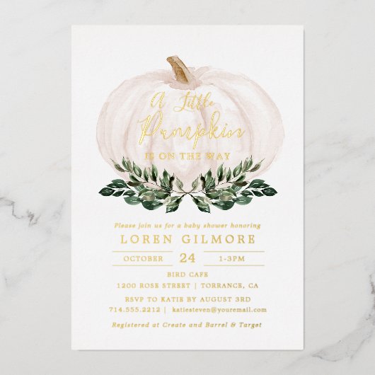 Gold Foil Rustic Little Pumpkin-Baby shower Folie Uitnodiging (Voorkant)