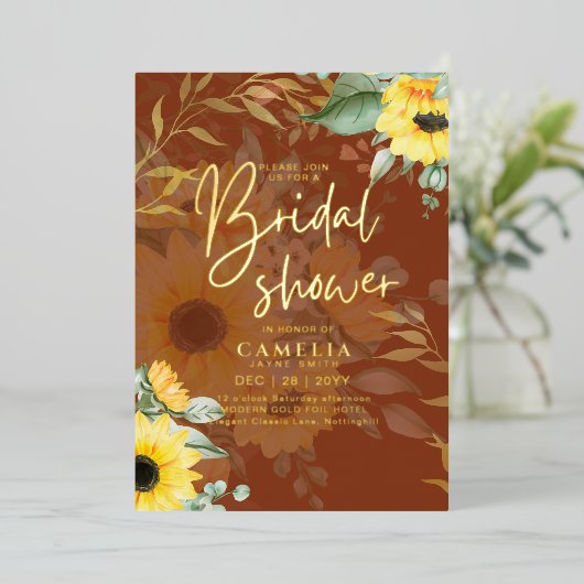 GOLD FOIL Rustige zonnebloemen VRIJGEZELLENFEEST Q Folie Uitnodiging (Staand Voorkant)