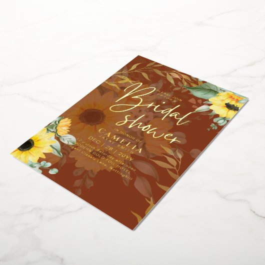 GOLD FOIL Rustige zonnebloemen VRIJGEZELLENFEEST Q Folie Uitnodiging (Gedraaid)