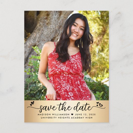 Gold Foil Save Date Afstuderen Photo Script Heest Uitnodiging Briefkaart (Voorkant)