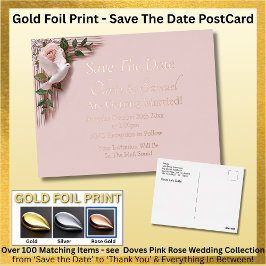 Gold Foil Save The Date Pink Roses Doves Postcard Folie Uitnodiging Briefkaart