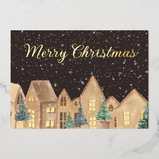 Gold Foil Scandinavian Village Houses Kerstmis Folie Feestdagenkaart (Voorkant)