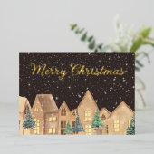 Gold Foil Scandinavian Village Houses Kerstmis Folie Feestdagenkaart (Staand Voorkant)