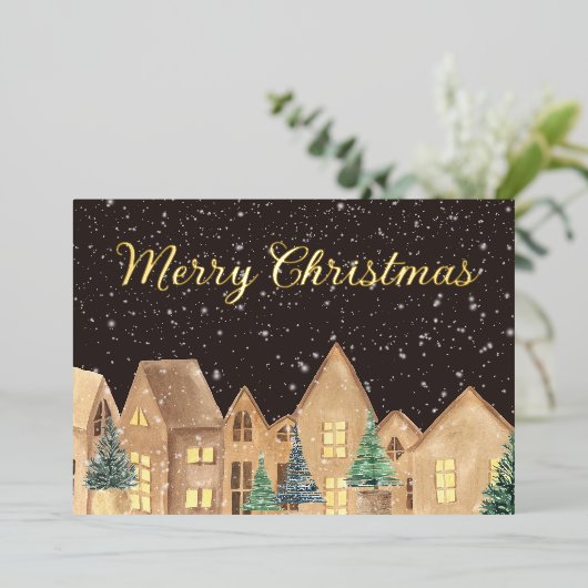 Gold Foil Scandinavian Village Houses Kerstmis Folie Feestdagenkaart (Staand Voorkant)