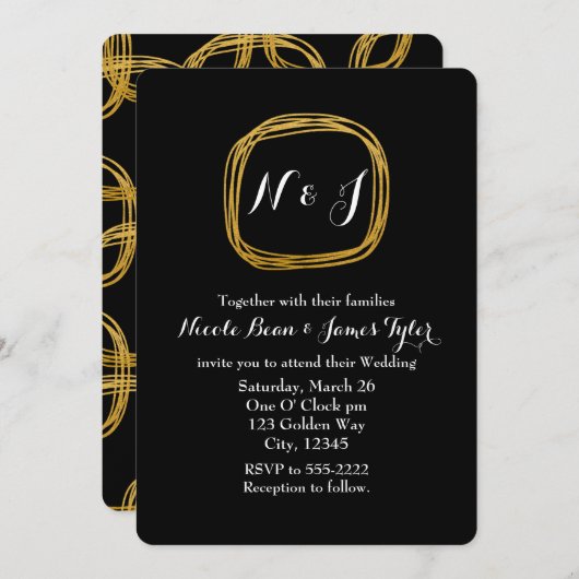 Gold Foil Scribble Circle Chic Wedding Invitations Kaart (Voorkant / Achterkant)