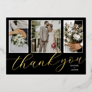 Gold Foil Script 3-Photo Wedding Hartelijk dank Folie Uitnodiging