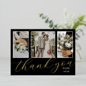 Gold Foil Script 3-Photo Wedding Hartelijk dank Folie Uitnodiging (Staand Voorkant)
