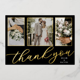 Gold Foil Script 3-Photo Wedding Thank You Card Folie Uitnodiging